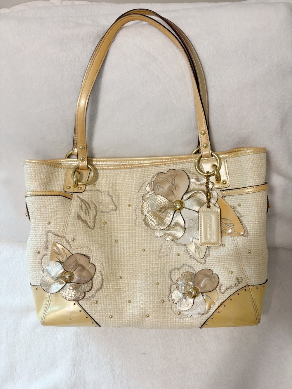 Coach Ivory and Gold Floral Appliqué Tote